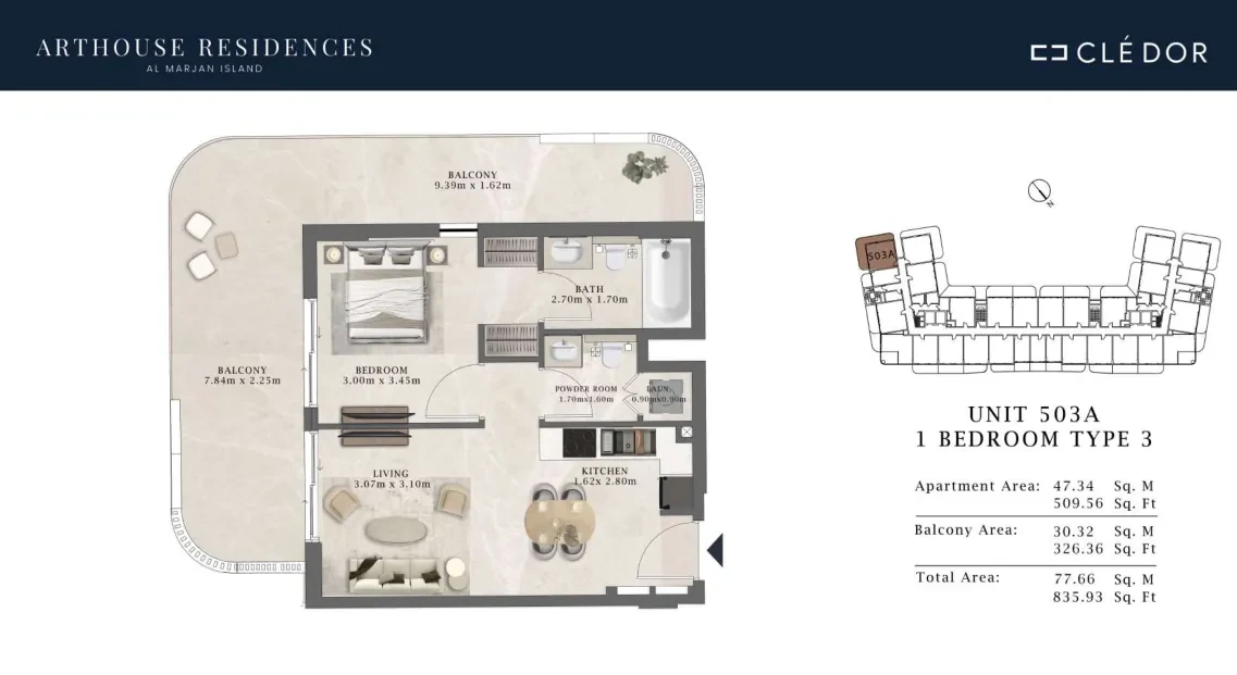 Arthouse Residences Unit 503A 1 bedroom Type 3 floor plan, 835.93 sq ft