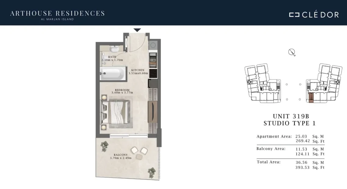 Arthouse Residences Unit 319B studio Type 1 floor plan, 393.53 sq ft
