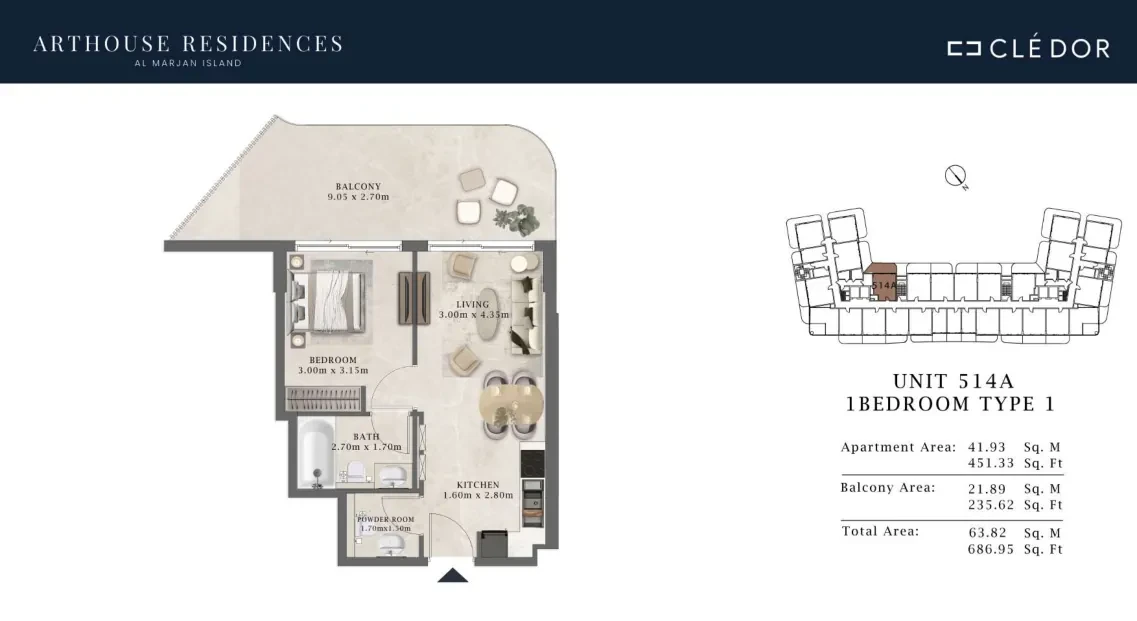 Arthouse Residences Unit 514A 1 bedroom Type 1 floor plan, 686.95 sq ft