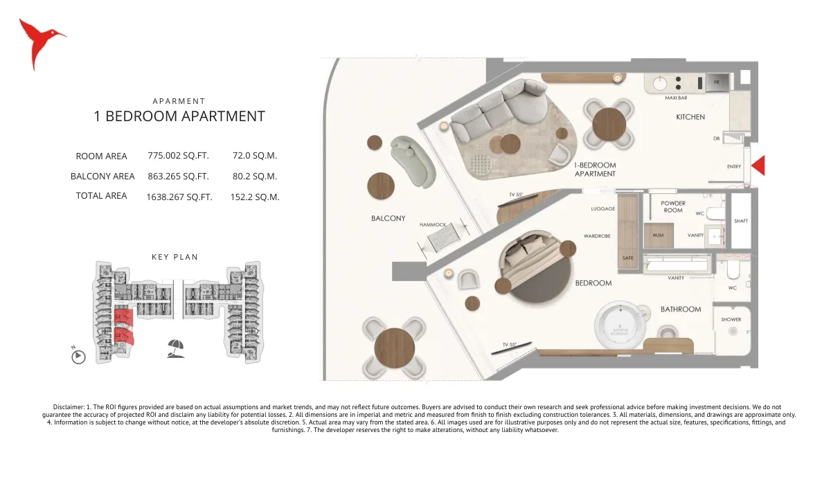 The Unexpected Al Marjan Island Category A 1 Bedroom Apartment floor plan, 1,638.267 sq ft