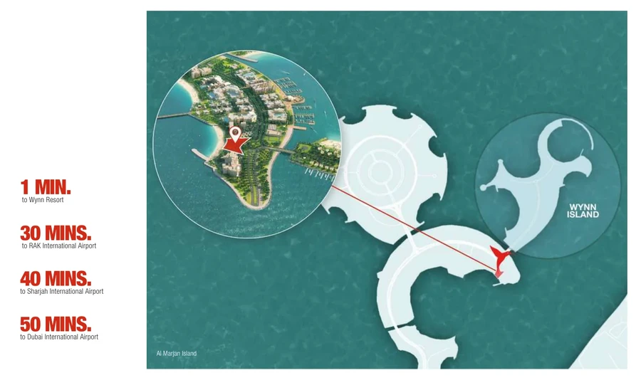 Al Marjan Island location map for The Unexpected Hotel & Residences with nearby airports and Wynn resort