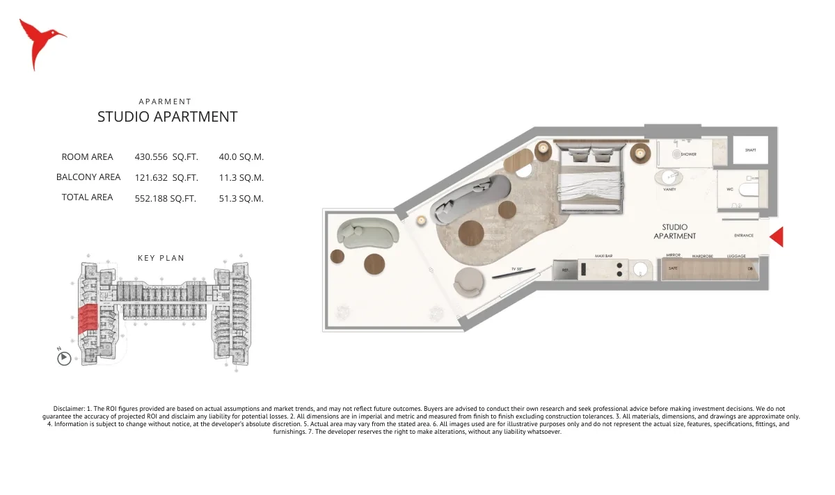 The Unexpected Al Marjan Island Category D Studio Apartment floor plan, 552.188 sq ft