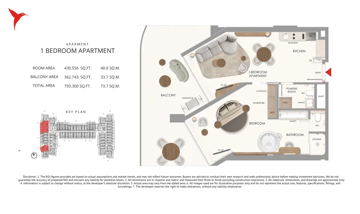 The Unexpected Al Marjan Island Category D 1 Bedroom Apartment floor plan, 793.300 sq ft