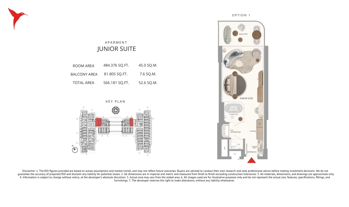 The Unexpected Al Marjan Island Category C Junior Suite floor plan, 566.181 sq ft