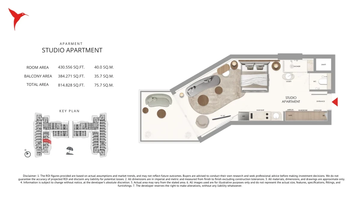 The Unexpected Al Marjan Island Category A Studio Apartment floor plan, 814.828 sq ft