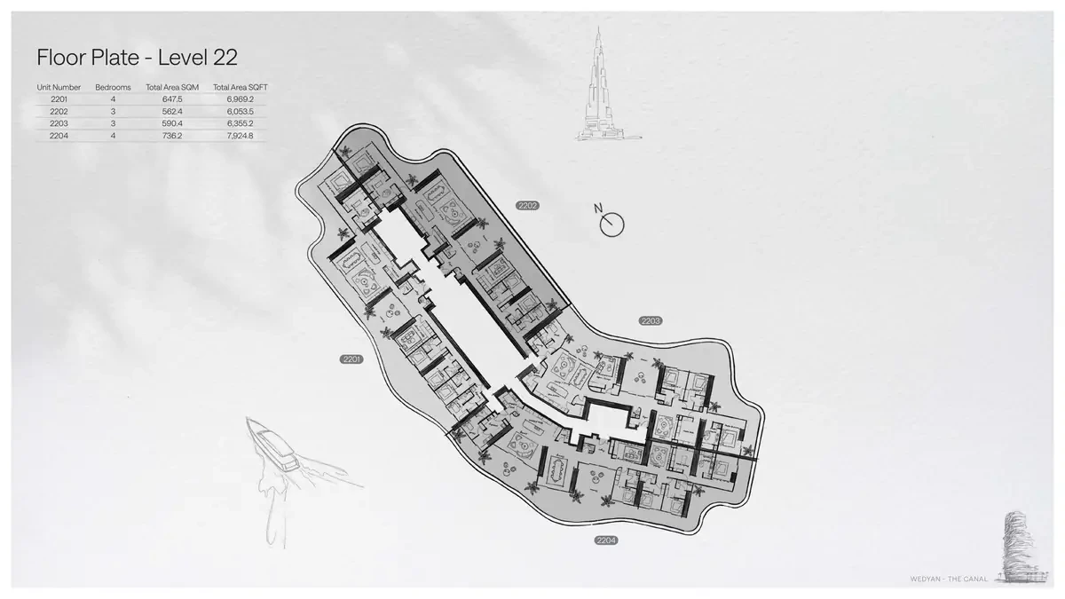 Wedyan - The Canal Unit 2202 3-bedroom floor plate on Level 22, 6,053.5 sq ft