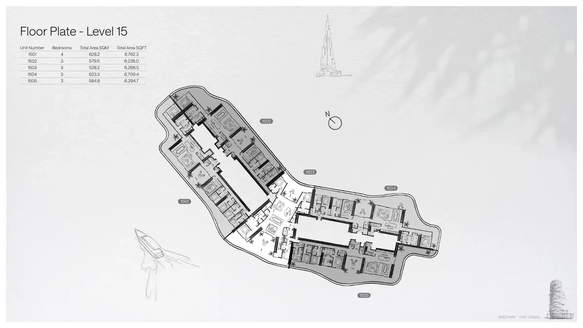 Wedyan - The Canal Unit 1501 4-bedroom floor plate on Level 15, 6,762.3 sq ft