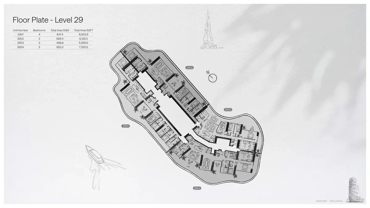 Wedyan - The Canal Unit 2901 4-bedroom floor plate on Level 29, 6,903.9 sq ft