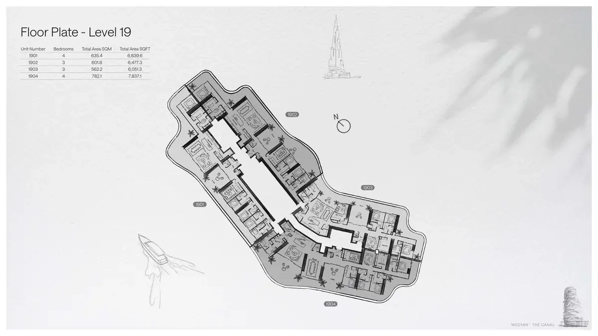 Wedyan - The Canal Unit 1904 4-bedroom floor plate on Level 19, 7,837.1 sq ft