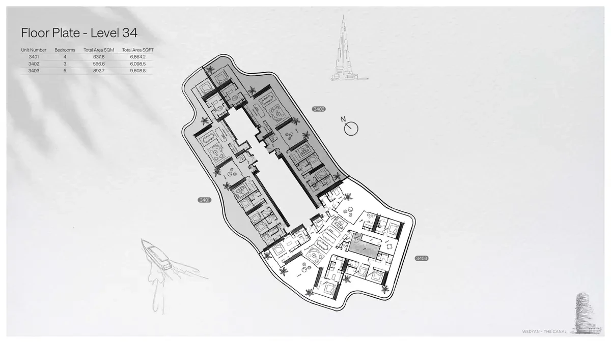 Wedyan - The Canal Unit 3402 3-bedroom floor plate on Level 34, 6,098.5 sq ft