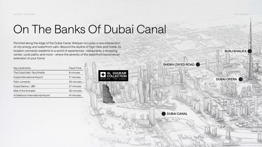 Business Bay and Dubai Canal location map for Wedyan - The Canal with nearby destinations and drive times