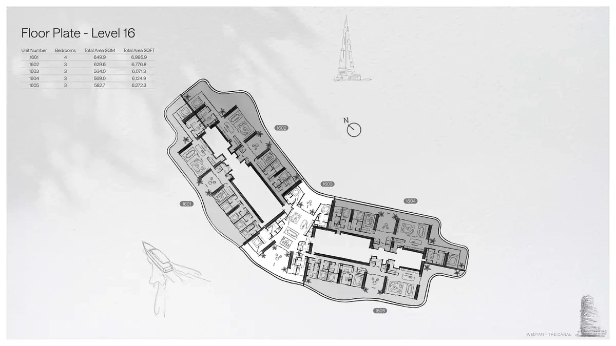 Wedyan - The Canal Unit 1601 4-bedroom floor plate on Level 16, 6,995.9 sq ft