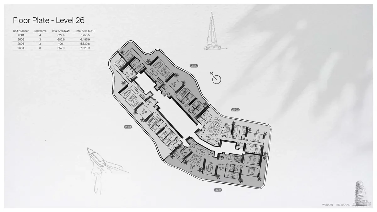 Wedyan - The Canal Unit 2601 4-bedroom floor plate on Level 26, 6,753.5 sq ft