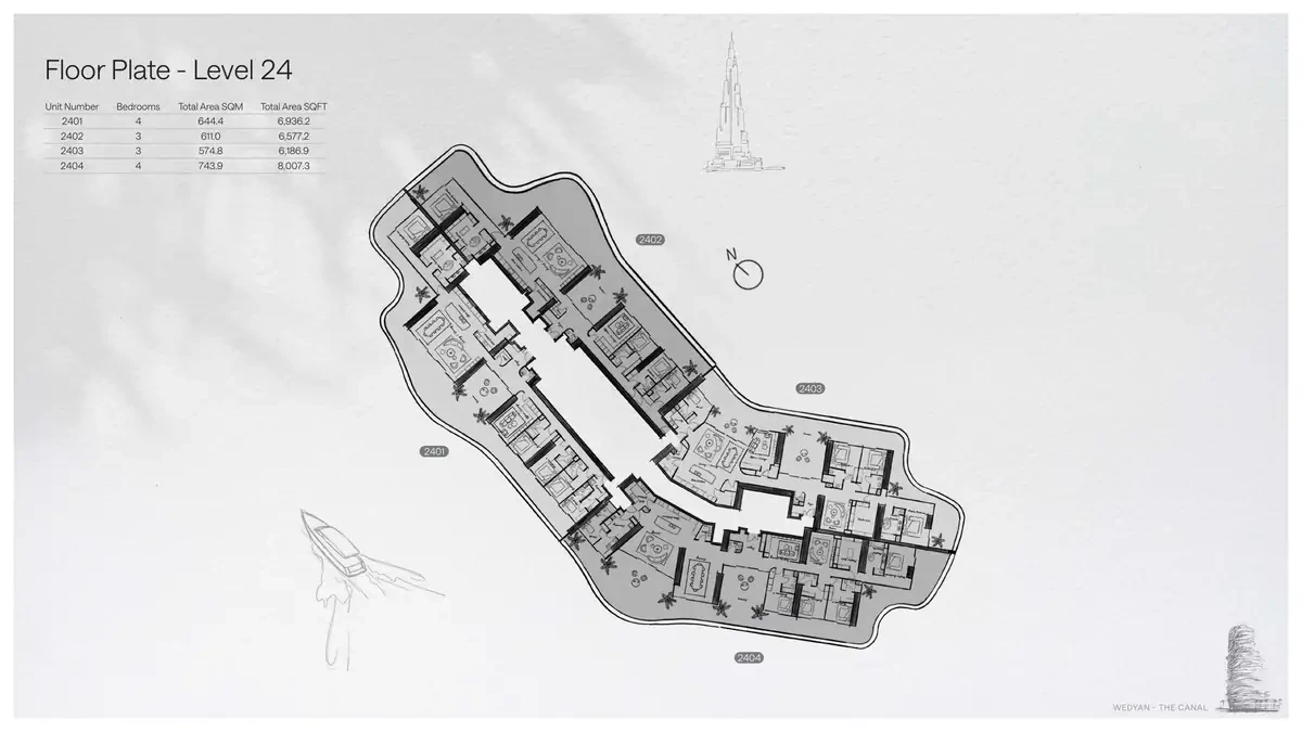 Wedyan - The Canal Unit 2402 3-bedroom floor plate on Level 24, 6,577.2 sq ft