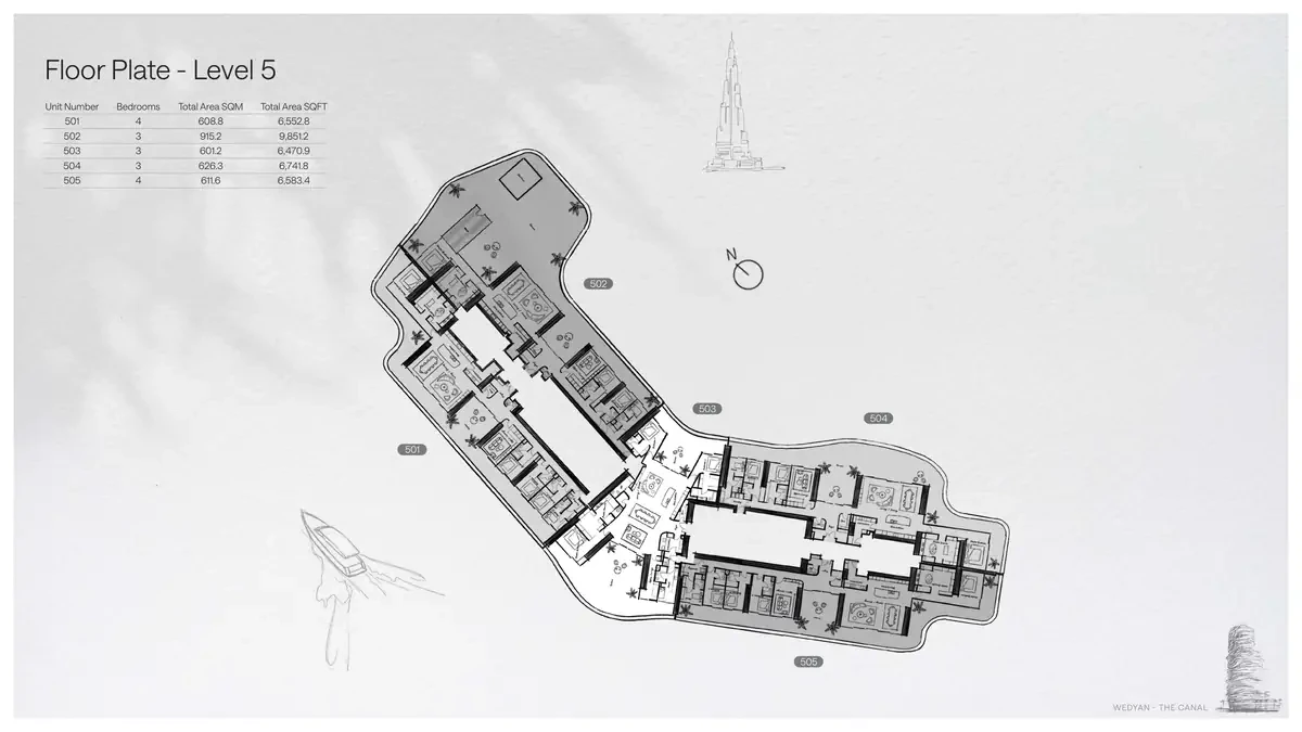 Wedyan - The Canal Unit 501 4-bedroom floor plate on Level 5, 6,552.8 sq ft