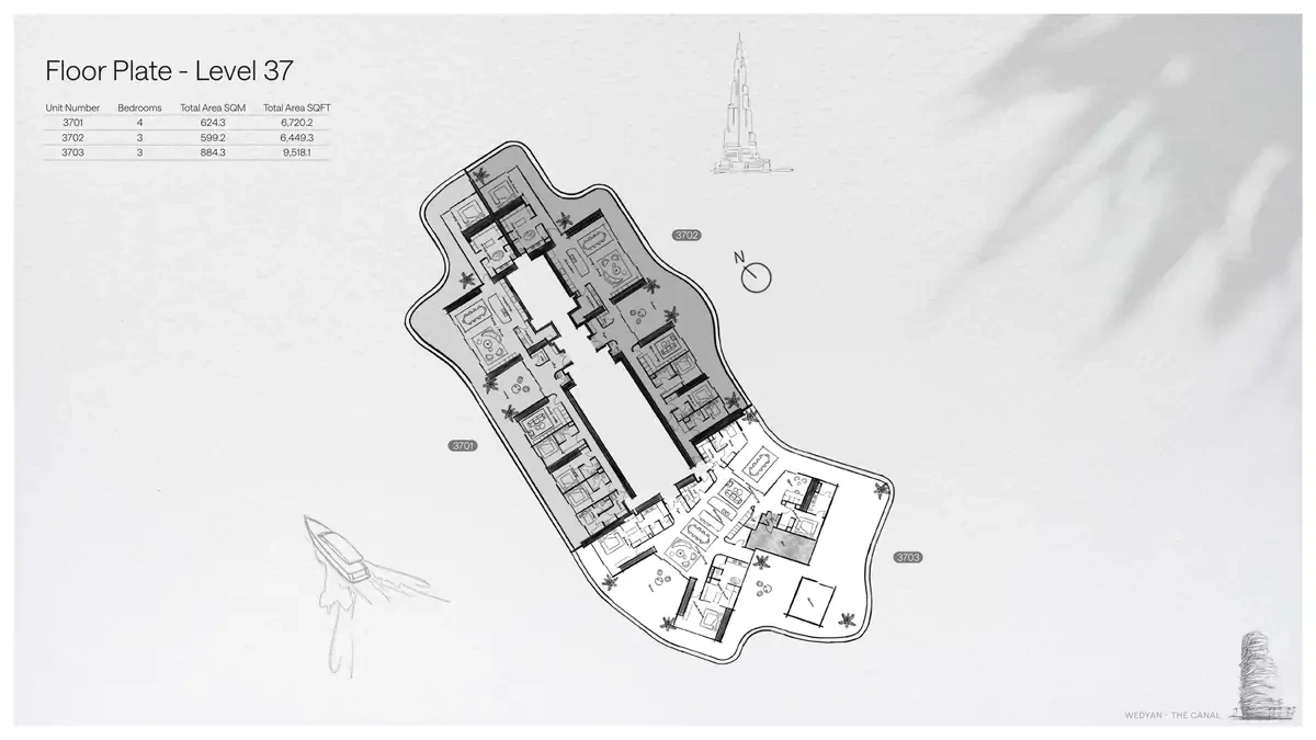 Wedyan - The Canal Unit 3702 3-bedroom floor plate on Level 37, 6,449.3 sq ft