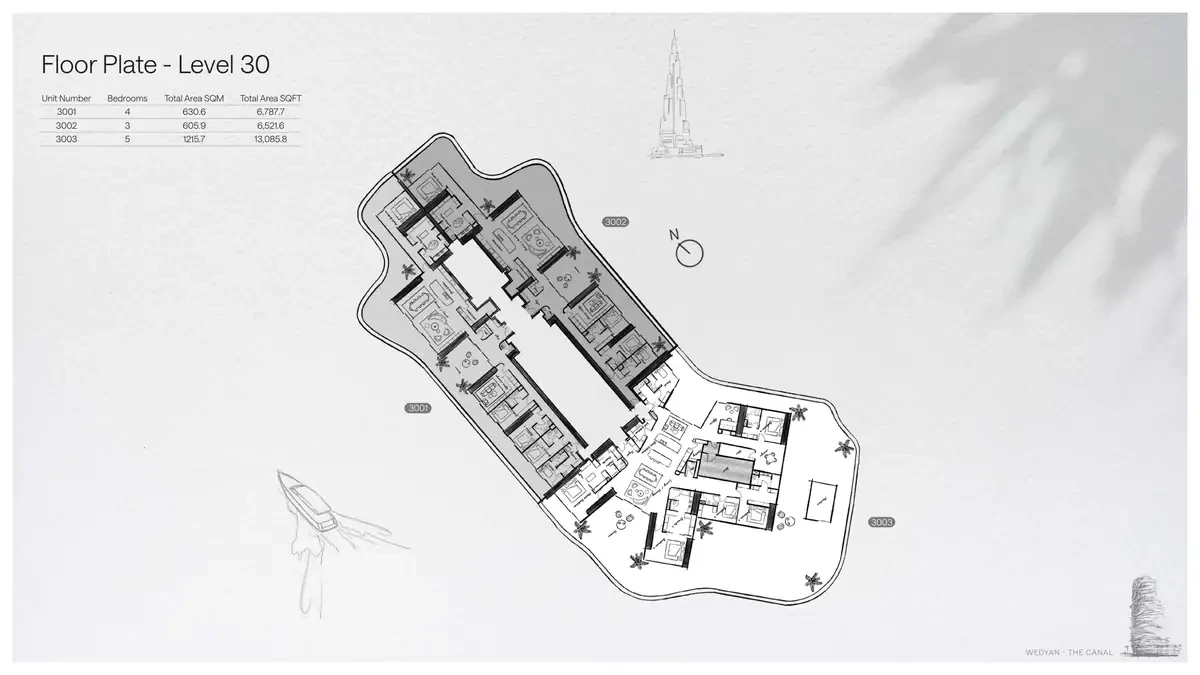Wedyan - The Canal Unit 3001 4-bedroom floor plate on Level 30, 6,787.7 sq ft