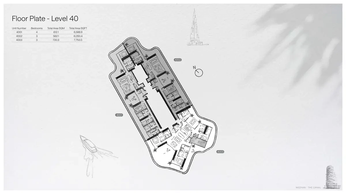 Wedyan - The Canal Unit 4003 3-bedroom floor plate on Level 40, 7,753.0 sq ft