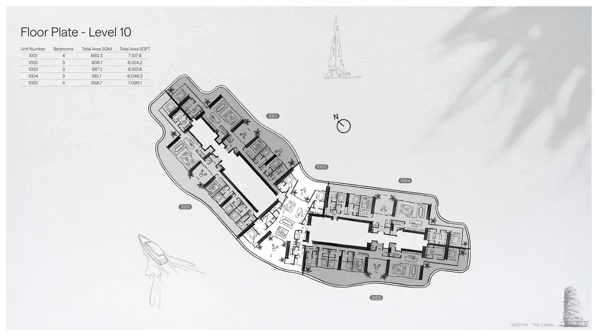 Wedyan - The Canal Unit 1004 3-bedroom floor plate on Level 10, 6,046.2 sq ft