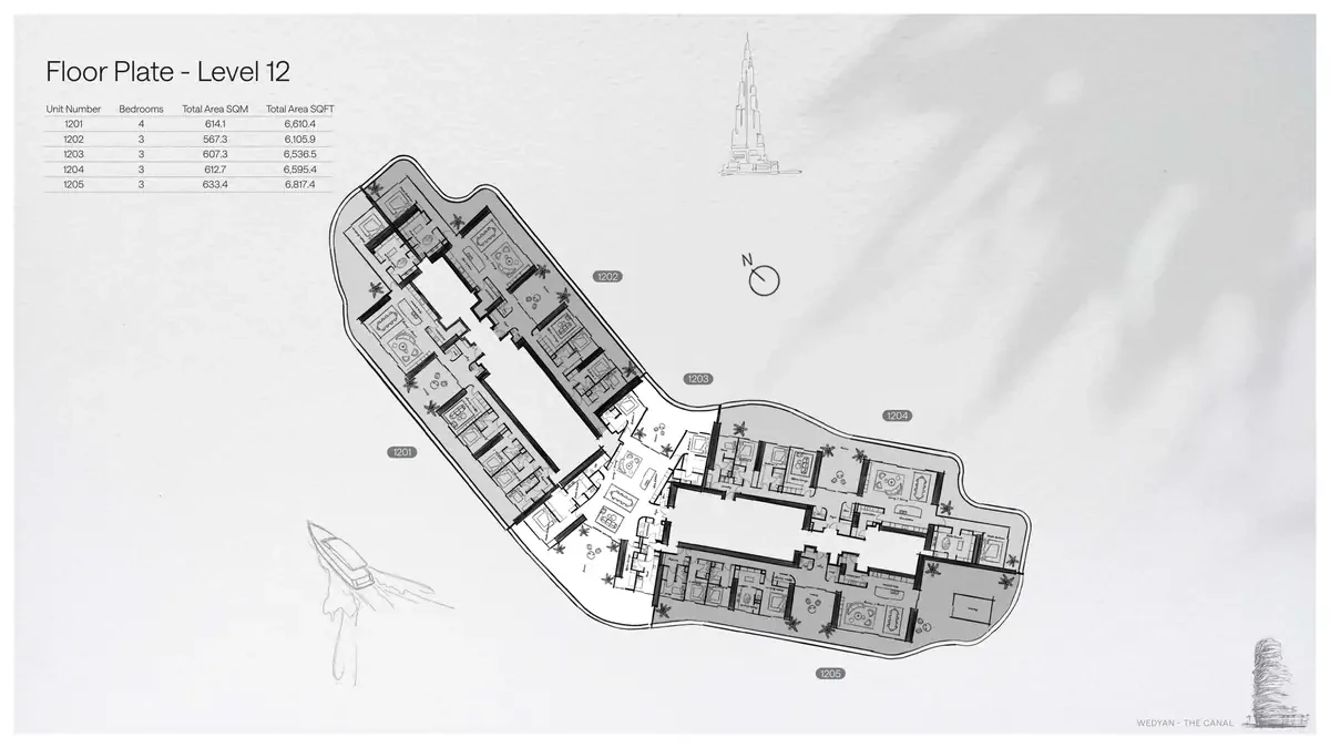 Wedyan - The Canal Unit 1205 3-bedroom floor plate on Level 12, 6,817.4 sq ft