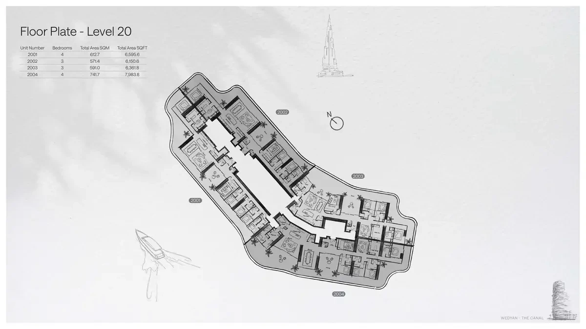 Wedyan - The Canal Unit 2002 3-bedroom floor plate on Level 20, 6,150.6 sq ft
