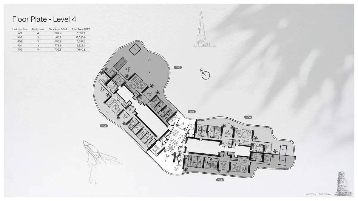 Wedyan - The Canal Unit 404 3-bedroom floor plate on Level 4, 8,323.7 sq ft