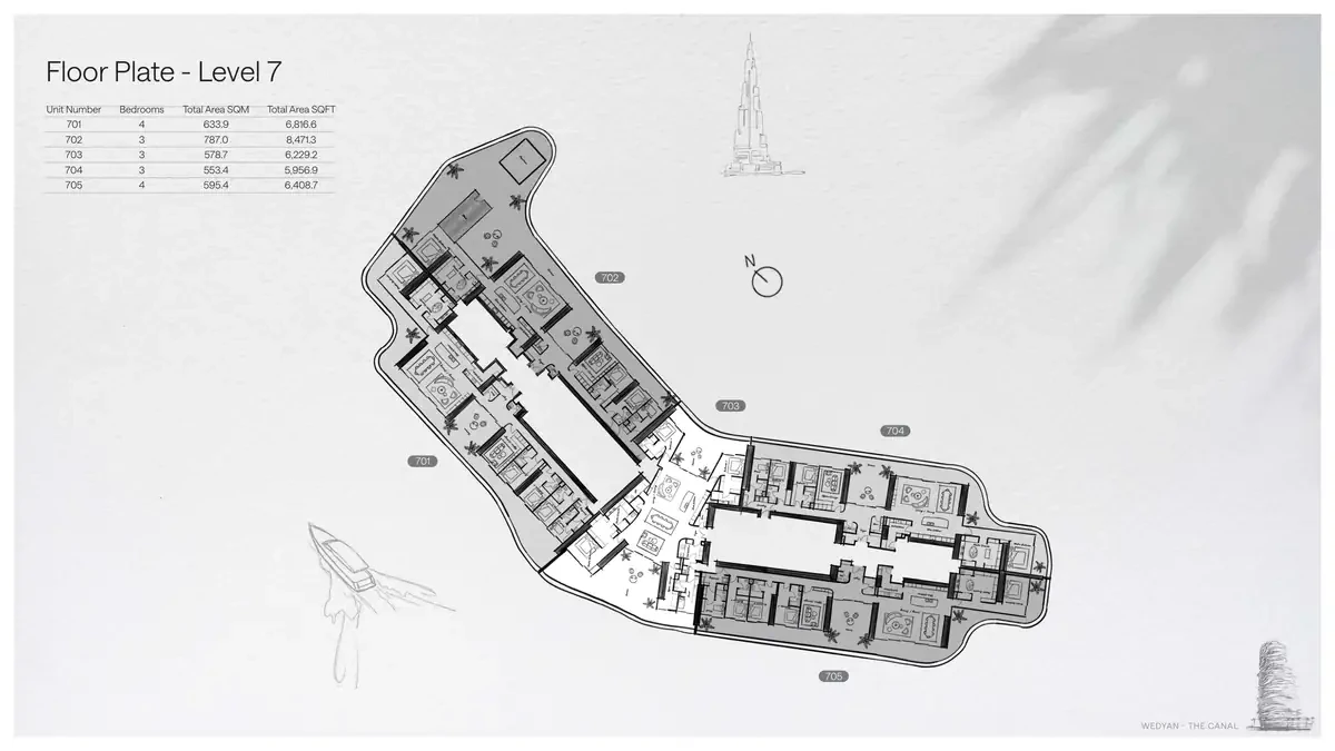 Wedyan - The Canal Unit 701 4-bedroom floor plate on Level 7, 6,816.6 sq ft