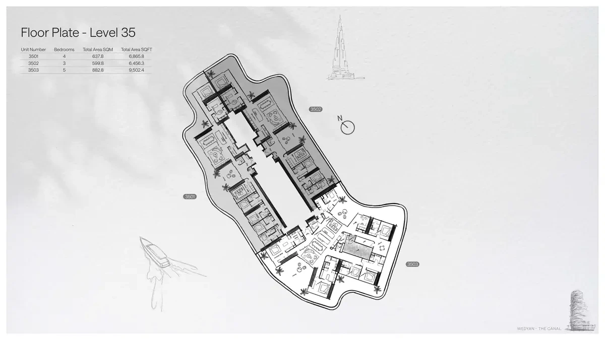 Wedyan - The Canal Unit 3501 4-bedroom floor plate on Level 35, 6,865.8 sq ft