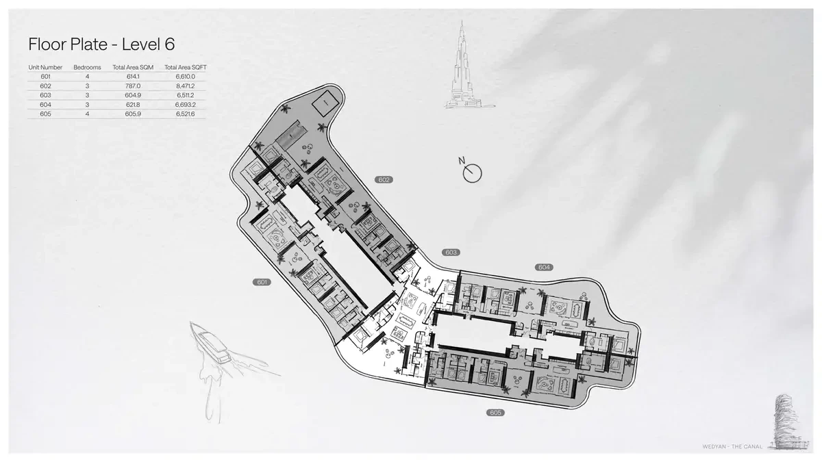 Wedyan - The Canal Unit 602 3-bedroom floor plate on Level 6, 8,471.2 sq ft