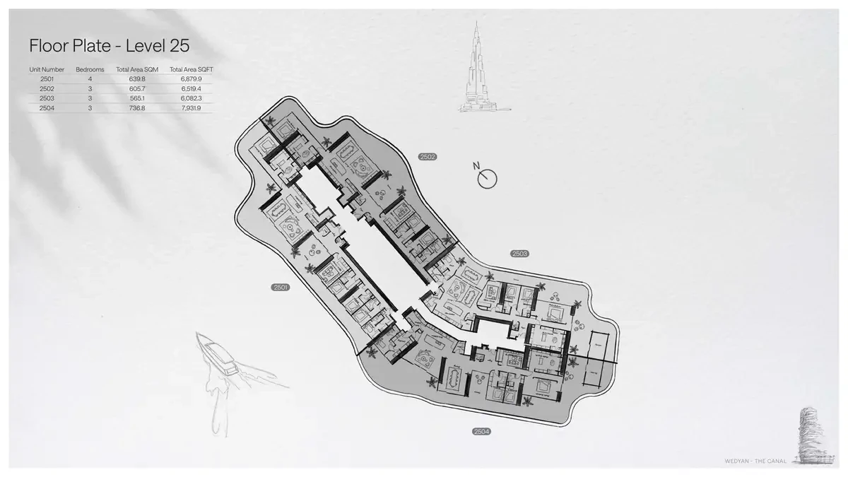 Wedyan - The Canal Unit 2503 3-bedroom floor plate on Level 25, 6,082.3 sq ft