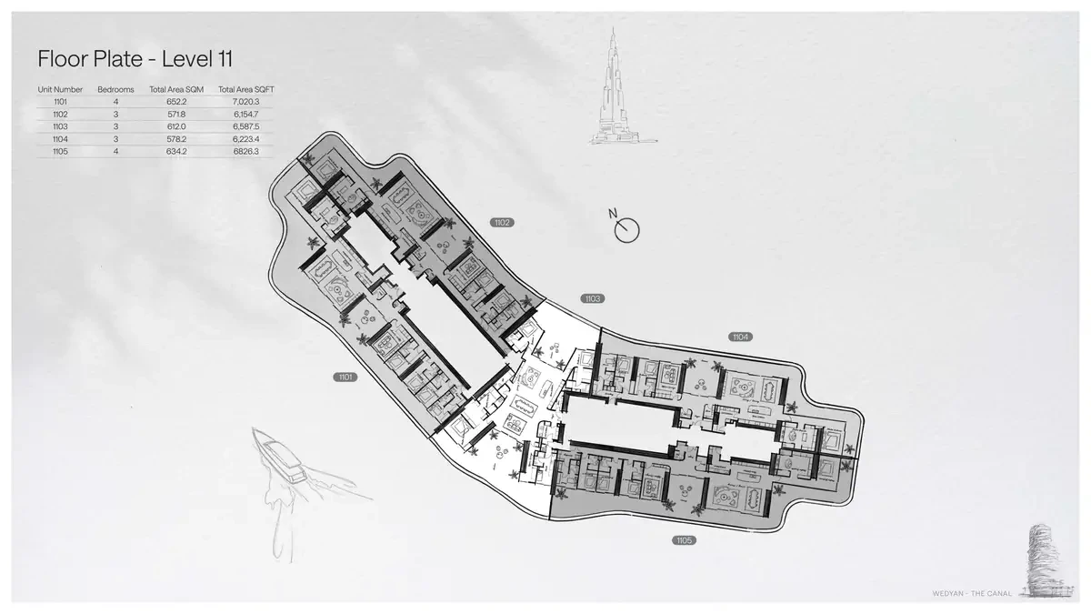 Wedyan - The Canal Unit 1105 4-bedroom floor plate on Level 11, 6,826.3 sq ft