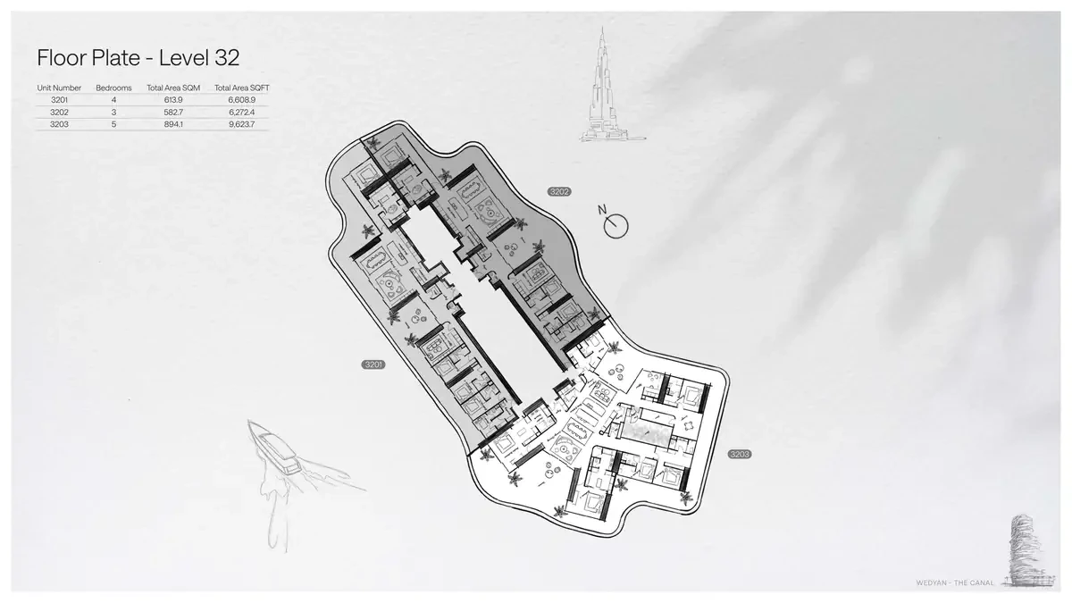 Wedyan - The Canal Unit 3203 5-bedroom floor plate on Level 32, 9,623.7 sq ft
