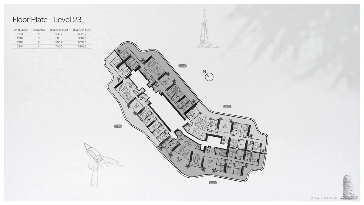 Wedyan - The Canal Unit 2302 3-bedroom floor plate on Level 23, 6,084.5 sq ft