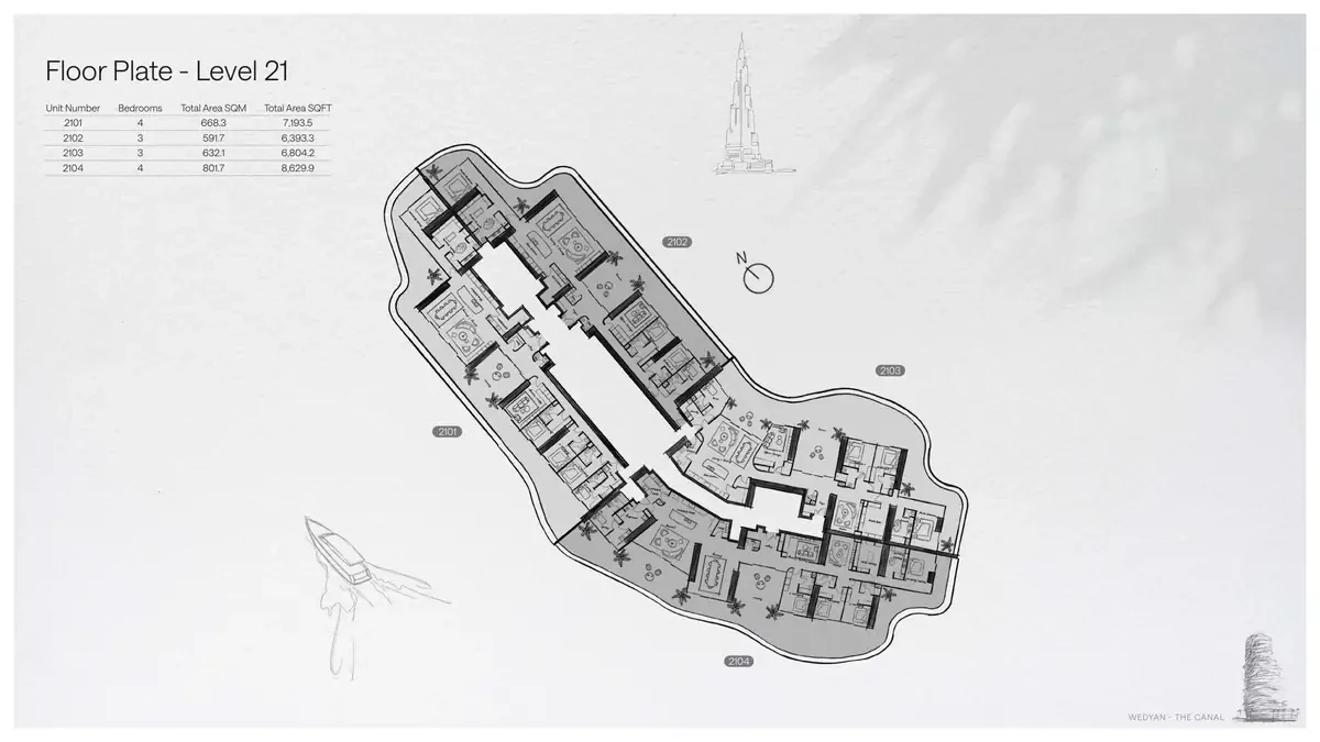 Wedyan - The Canal Unit 2101 4-bedroom floor plate on Level 21, 7,193.5 sq ft