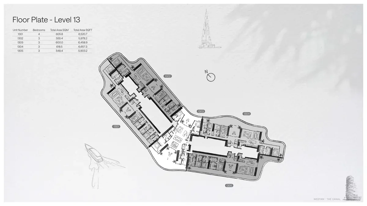 Wedyan - The Canal Unit 1303 3-bedroom floor plate on Level 13, 6,458.9 sq ft