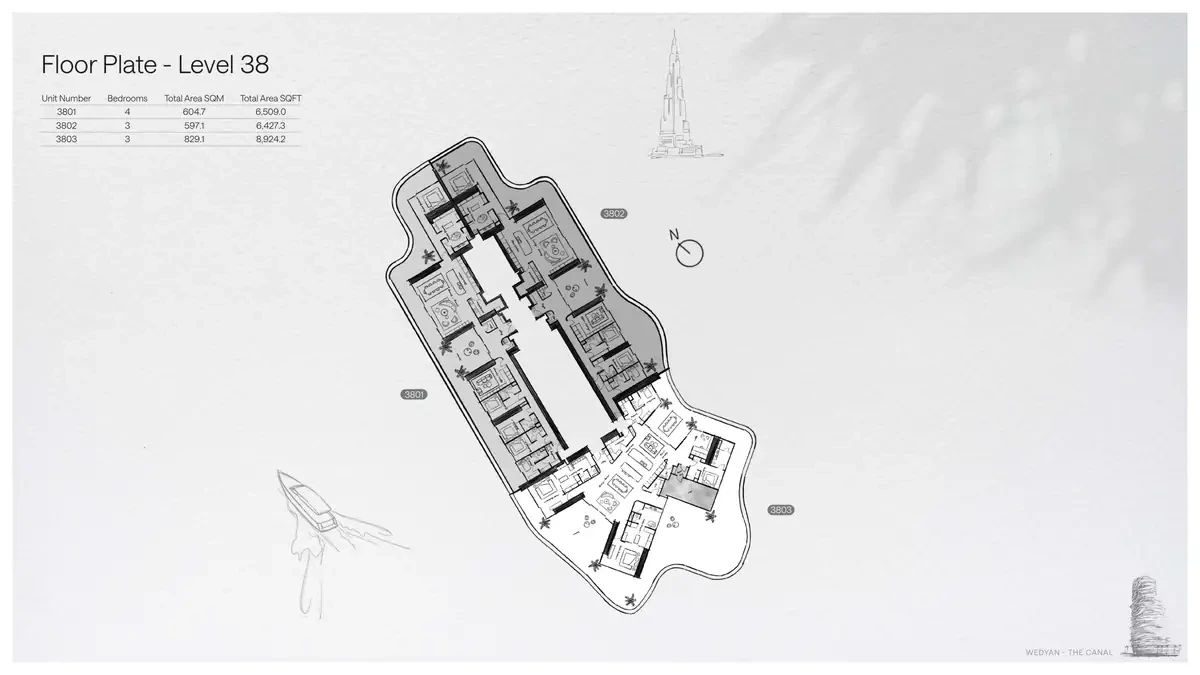 Wedyan - The Canal Unit 3802 3-bedroom floor plate on Level 38, 6,427.3 sq ft