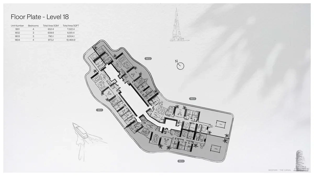 Wedyan - The Canal Unit 1801 4-bedroom floor plate on Level 18, 7,022.4 sq ft
