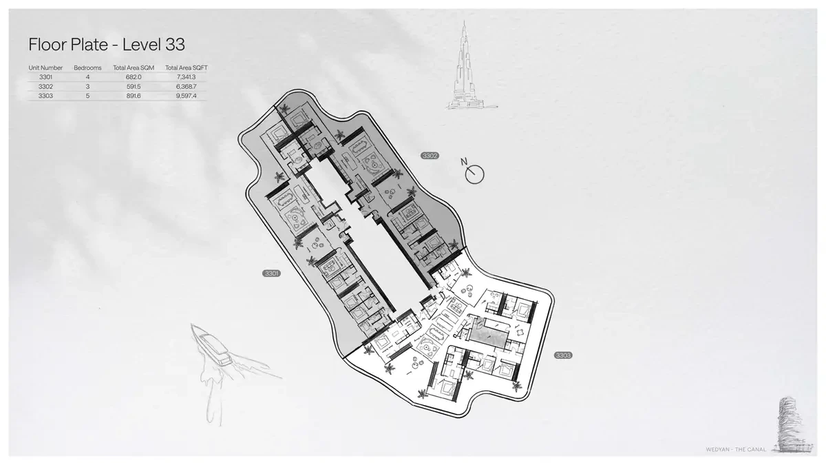 Wedyan - The Canal Unit 3302 3-bedroom floor plate on Level 33, 6,368.7 sq ft