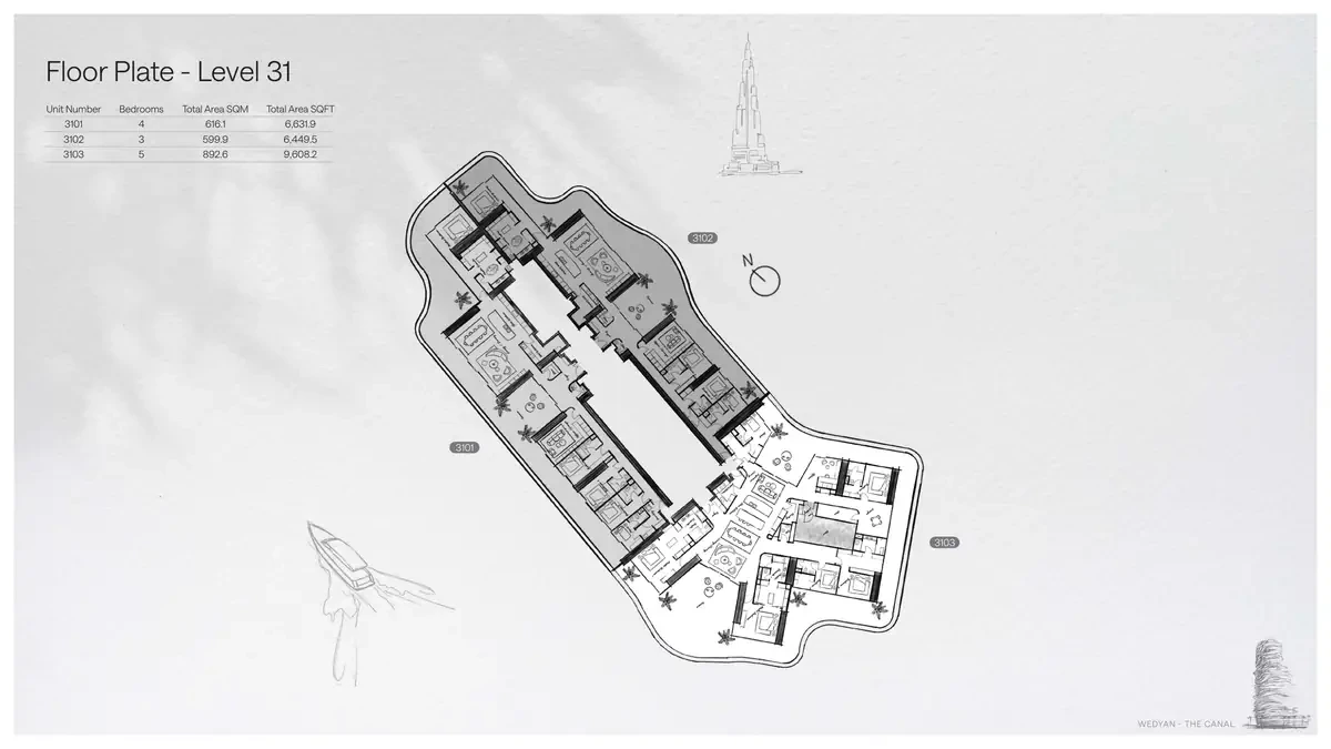 Wedyan - The Canal Unit 3102 3-bedroom floor plate on Level 31, 6,449.5 sq ft
