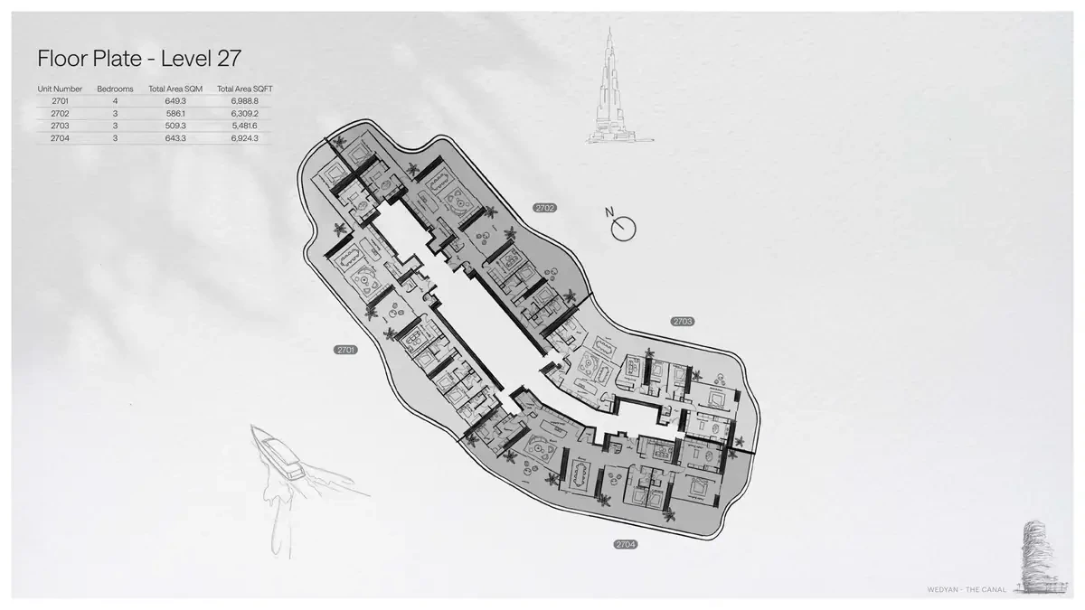 Wedyan - The Canal Unit 2702 3-bedroom floor plate on Level 27, 6,309.2 sq ft