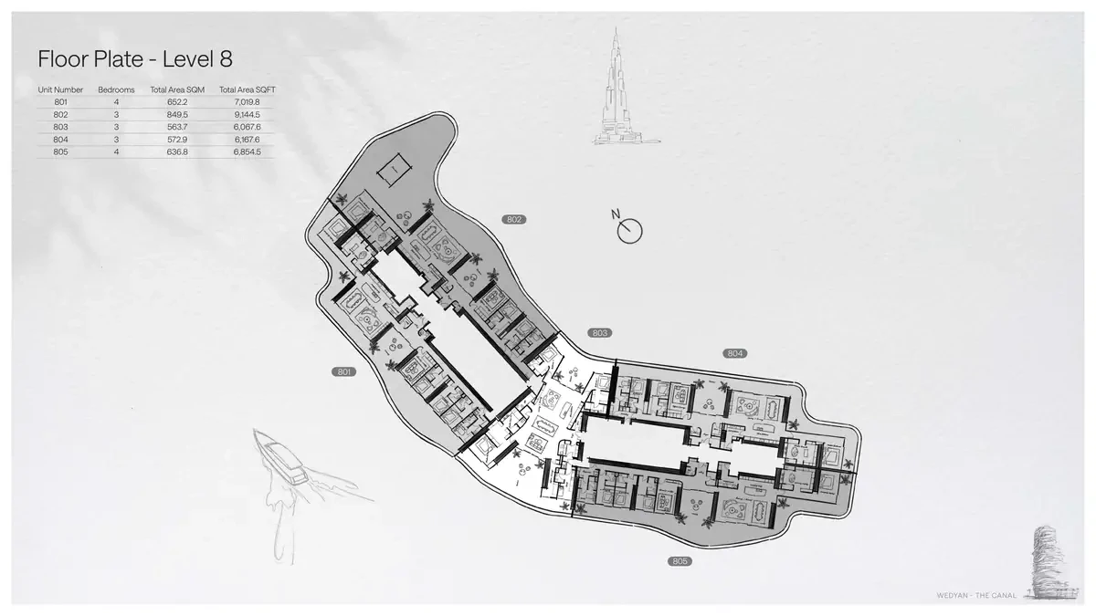 Wedyan - The Canal Unit 804 3-bedroom floor plate on Level 8, 6,167.6 sq ft