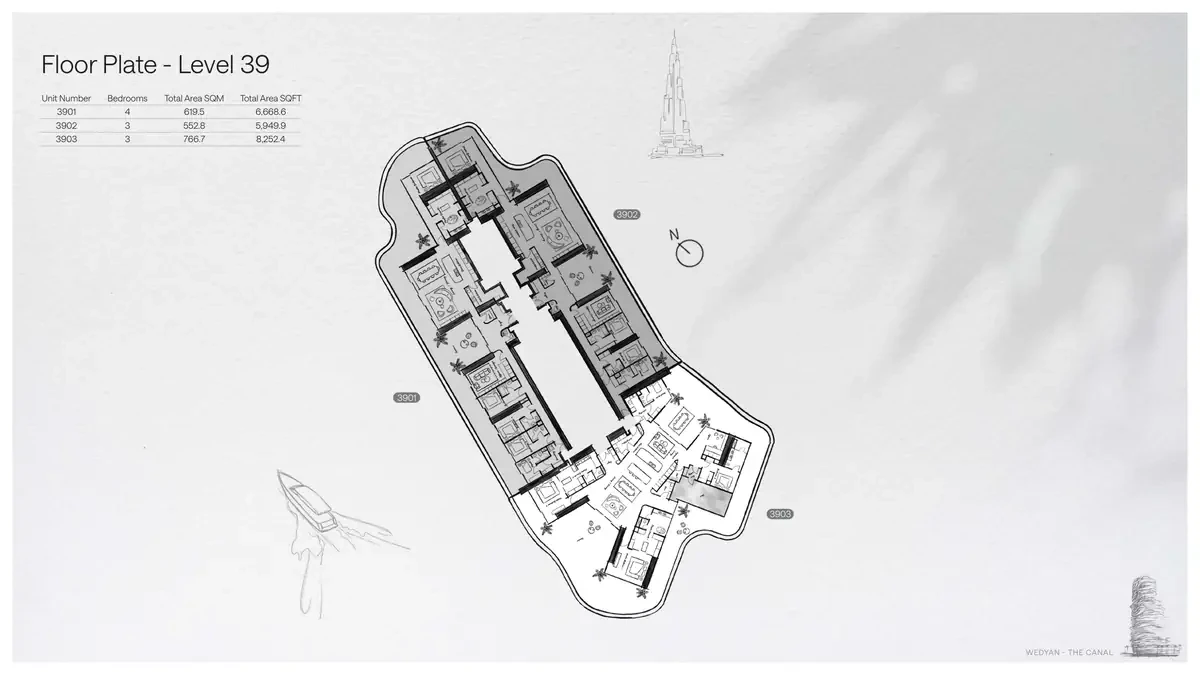 Wedyan - The Canal Unit 3903 3-bedroom floor plate on Level 39, 8,252.4 sq ft