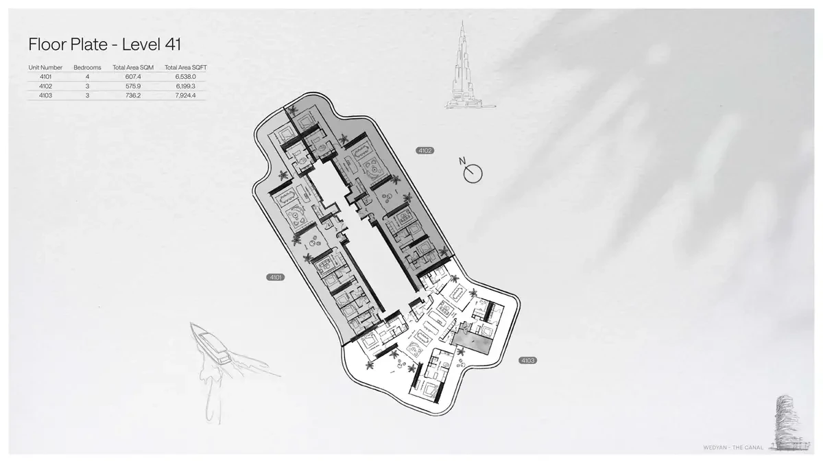 Wedyan - The Canal Unit 4103 3-bedroom floor plate on Level 41, 7,924.4 sq ft