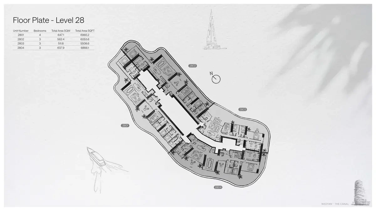 Wedyan - The Canal Unit 2802 3-bedroom floor plate on Level 28, 6,053.6 sq ft