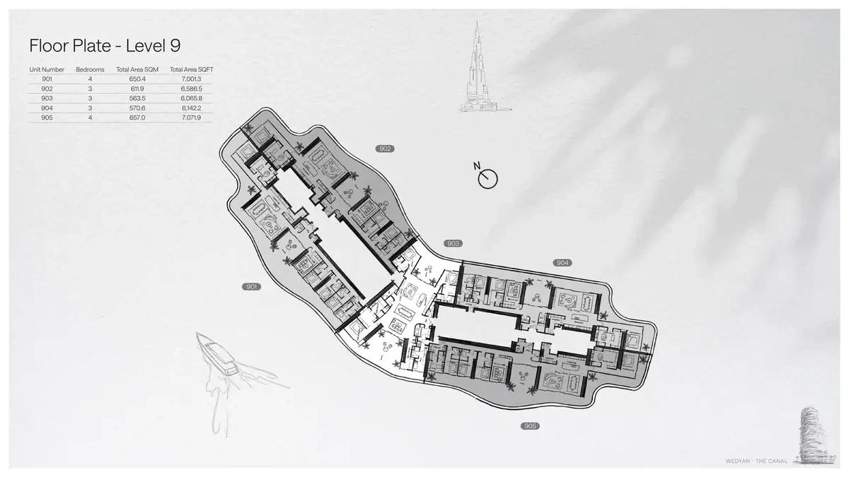 Wedyan - The Canal Unit 903 3-bedroom floor plate on Level 9, 6,065.8 sq ft