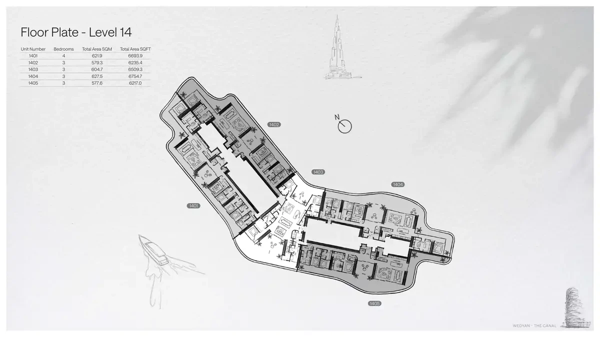 Wedyan - The Canal Unit 1402 3-bedroom floor plate on Level 14, 6,235.4 sq ft