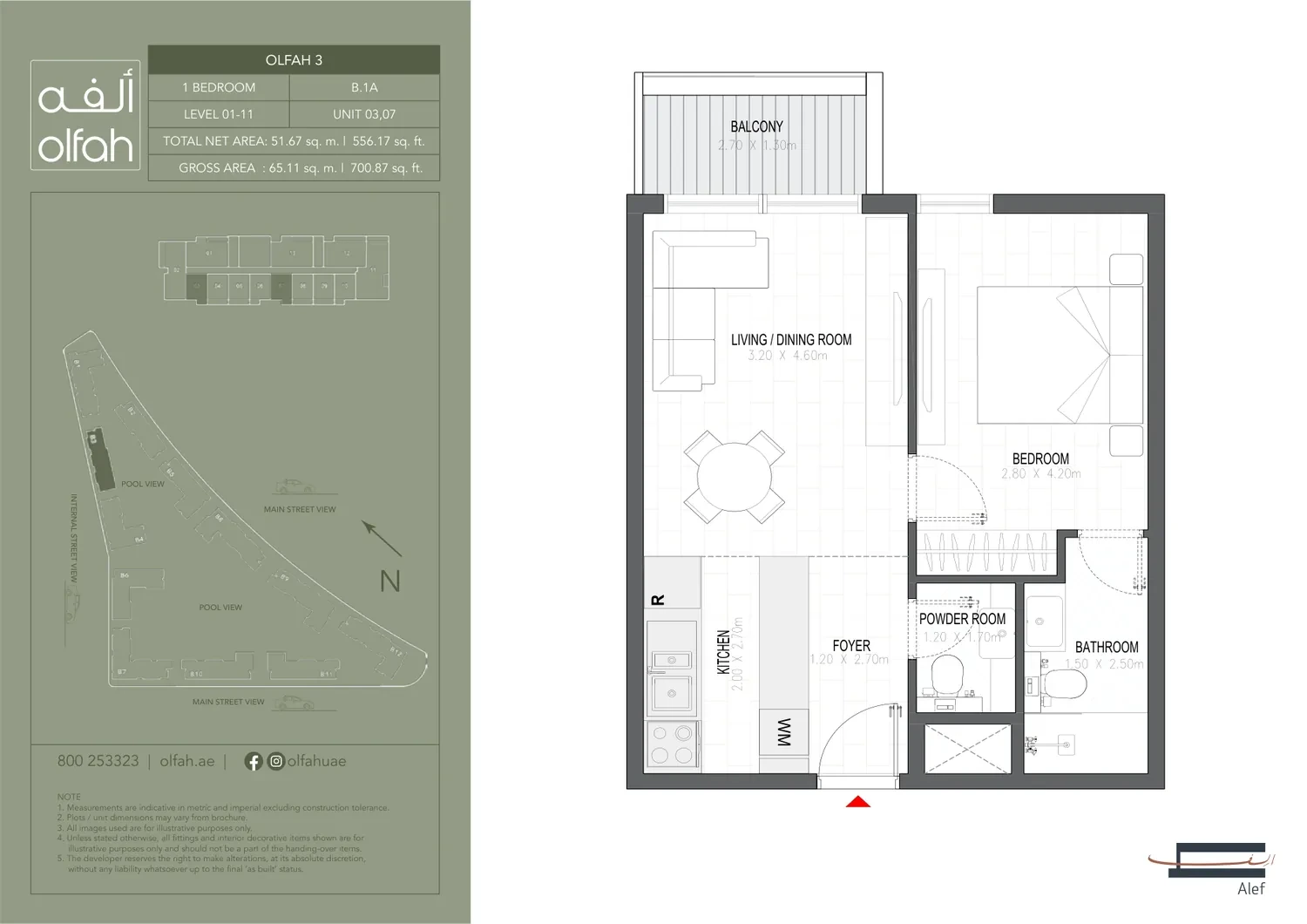 Olfah 3 1-bedroom apartment floor plan, Type B.1A, Levels 01-11 Units 03 & 07, 700.87 sq ft
