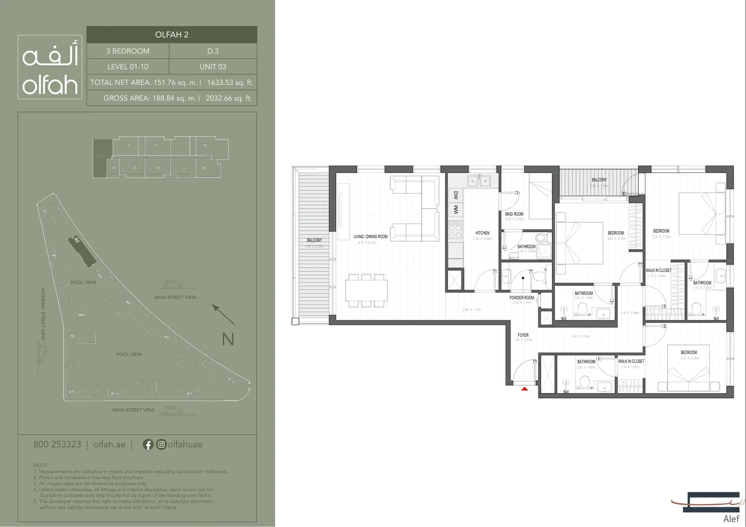 Olfah 2 3-bedroom apartment floor plan, Type D.3, Levels 01-10 Unit 03, 2,032.66 sq ft