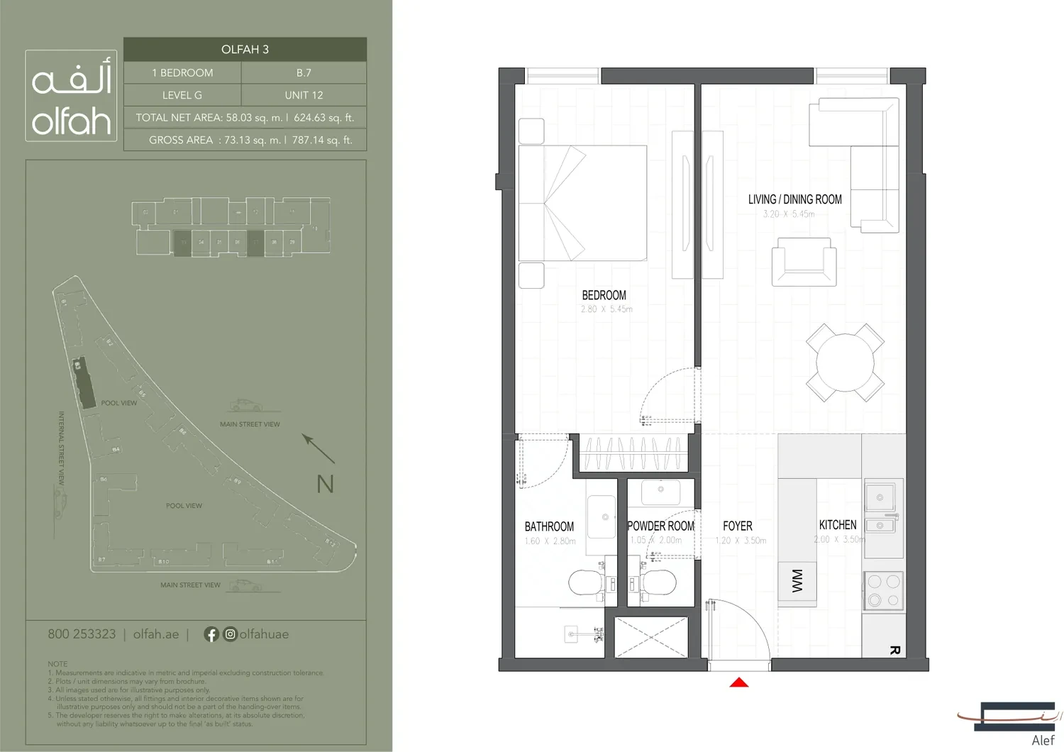 Olfah 3 1-bedroom apartment floor plan, Type B.7, Ground Unit 12, 787.14 sq ft