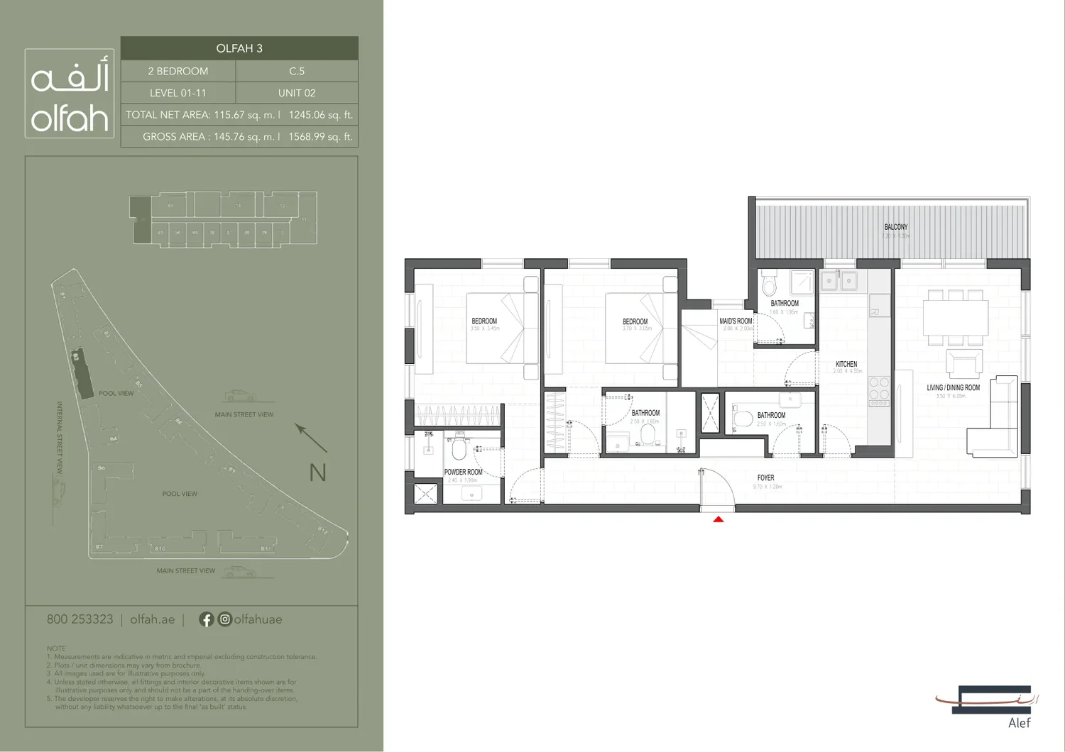 Olfah 3 2-bedroom apartment floor plan, Type C.5, Levels 01-11 Unit 02, 1,568.99 sq ft